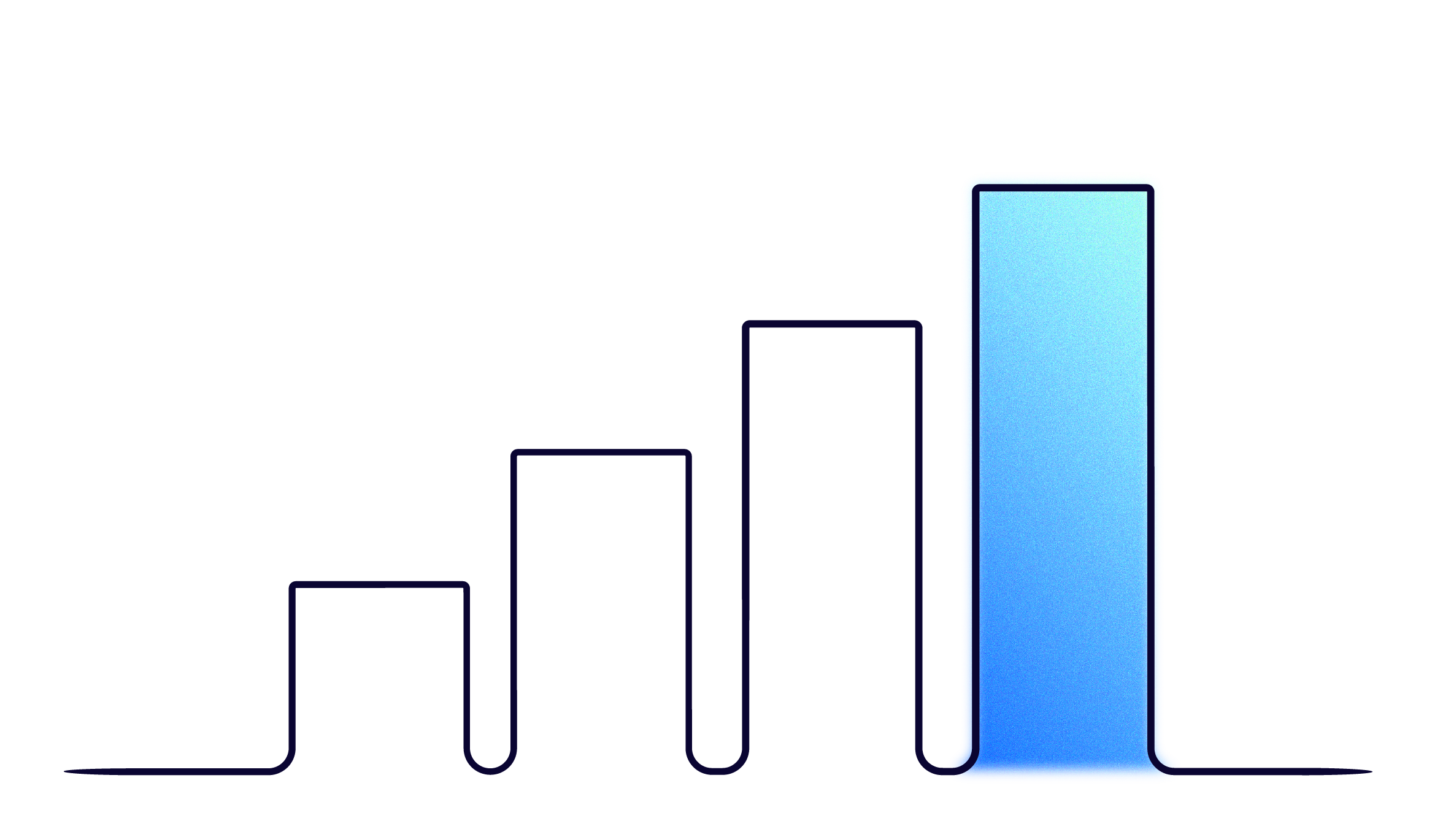 Abstract illustration of a bar chart with five ascending bars outlined in dark lines, the tallest bar filled with a blue gradient.