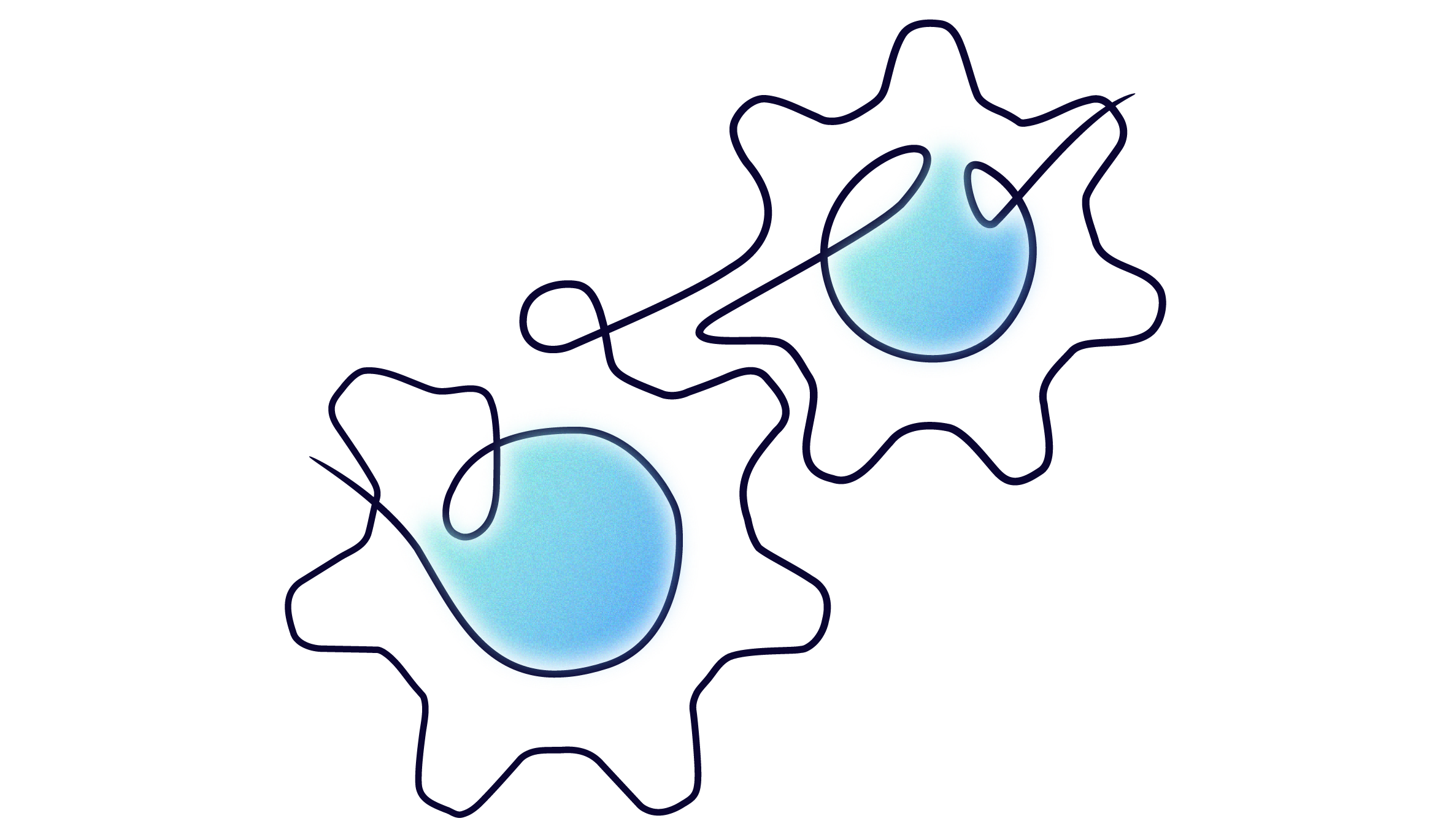 Abstract illustration of two interconnected cog-like shapes with blue circular centers, linked by a curved line.