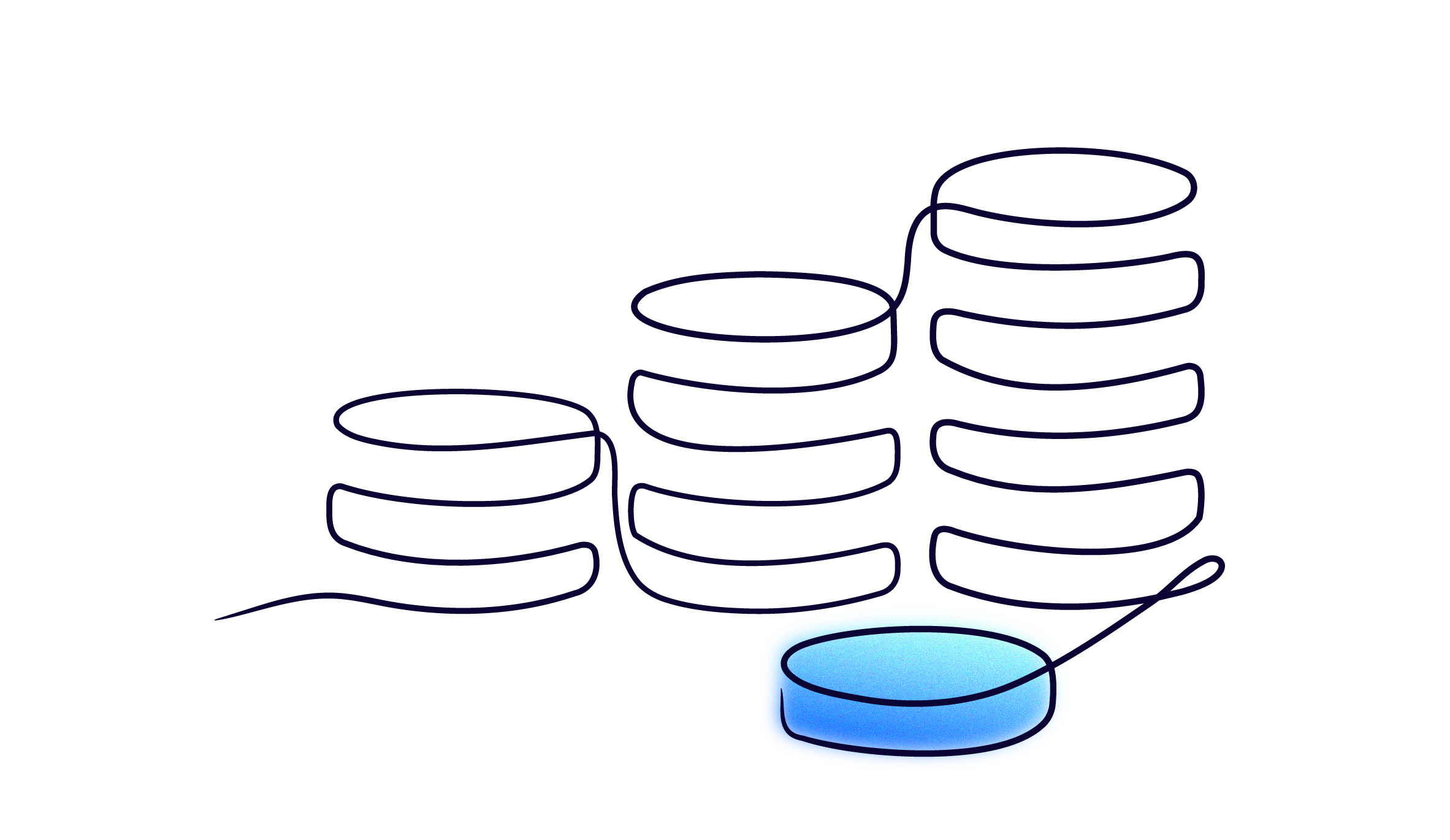 Abstract illustration of stacked coin-like shapes in varying heights, connected by a continuous line to a blue circular base.